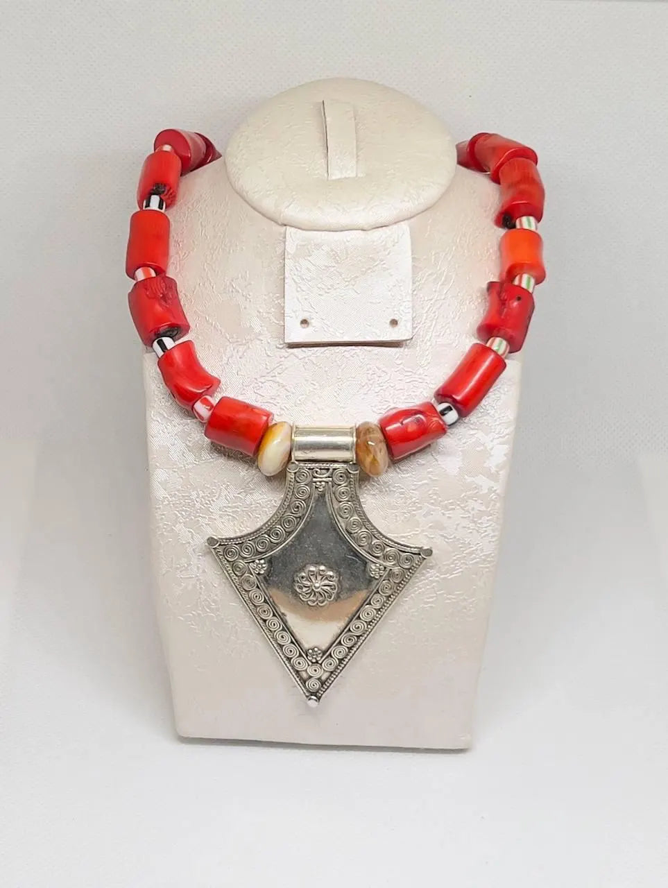 Antique Silver Berber Coral Necklace, Red Coral Beads with Vintage Tribal Pendant, Handmade African Ethnic Necklace, Gift for Her or Him