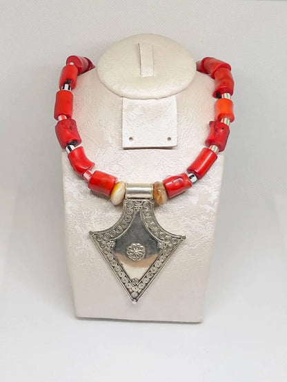 Antique Silver Berber Coral Necklace, Red Coral Beads with Vintage Tribal Pendant, Handmade African Ethnic Necklace, Gift for Her or Him