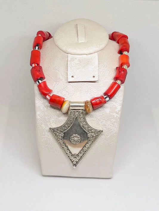 Antique Silver Berber Coral Necklace, Red Coral Beads with Vintage Tribal Pendant, Handmade African Ethnic Necklace, Gift for Her or Him