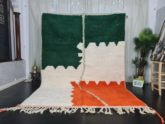 MOROCCAN HANDMADE Rug-Beni Ourain Rug-Sheep Wool Rug-Abstract Rug-White and Orange Rug-Azilal Rug- Handmade Berber Carpet-Moroccan Wool Rug.