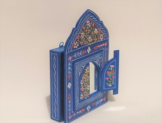 Small Moroccan Mirror with Doors, Ethnic Art for Entryway, Large Mirror Hand Painted, Unique Blue Floral Mirrors, Mirror with Jewelry Holder