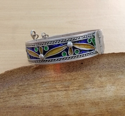 Modern Moroccan Sterling Silver and Enamel Hinged Bracelet