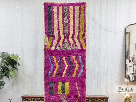 FUCHSIA BOUJAAD RUNNER, Moroccan Rug 2X11, Abstract Runner, Berber Rug, Fuchsia and Yellow Runner, Handwoven Sheep Wool Rug, Hallway Rug.