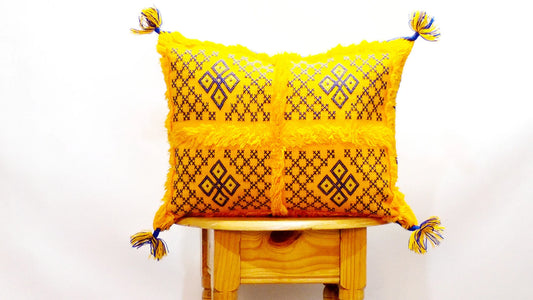 Yellow Wedding Blanket Pillow | Handira Blanket Cushion Cover Wool Pillow Cover with Sequins