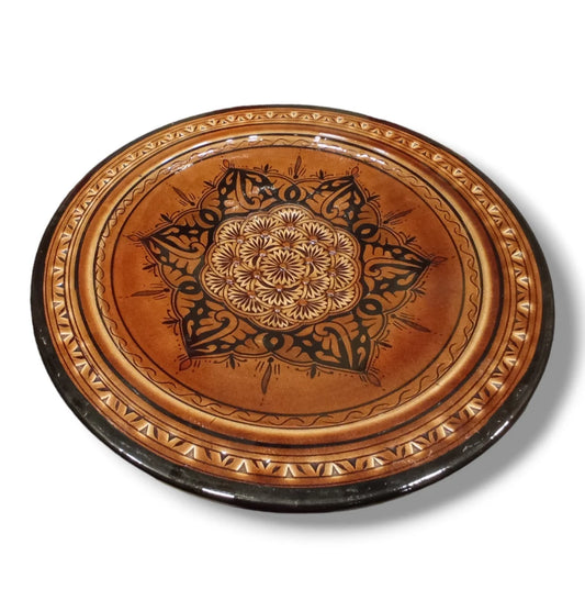 Moroccan Hand-Carved Pottery Plate: Artisanal 35Cm Serving Dish North African Heritage, Unique Kitchenware, Ethnic Home Decor Dinnerware