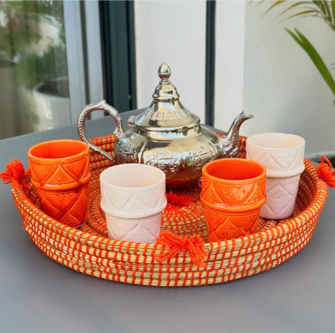 Handcrafted Moroccan Tea Set – Engraved Nickel Teapot with Amber Glasses & Woven Serving Tray Handcrafted Moroccan Royal Teapot