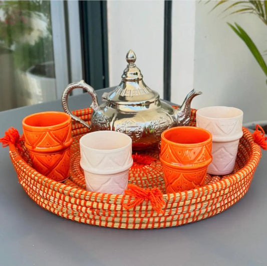 Handcrafted Moroccan Tea Set – Engraved Nickel Teapot with Amber Glasses & Woven Serving Tray Handcrafted Moroccan Royal Teapot
