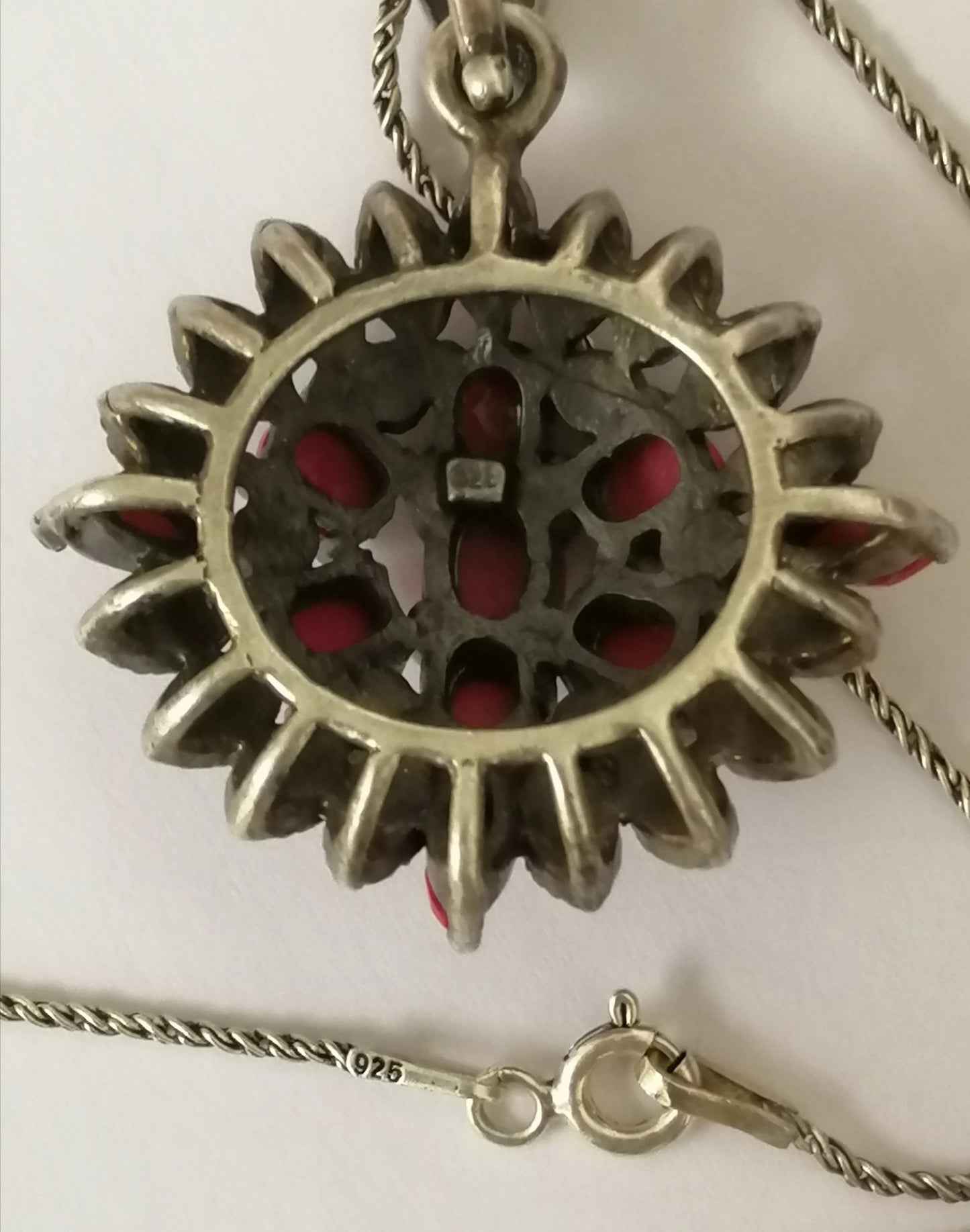 Red Resin and Sterling Silver 'Victoriana' Pendant