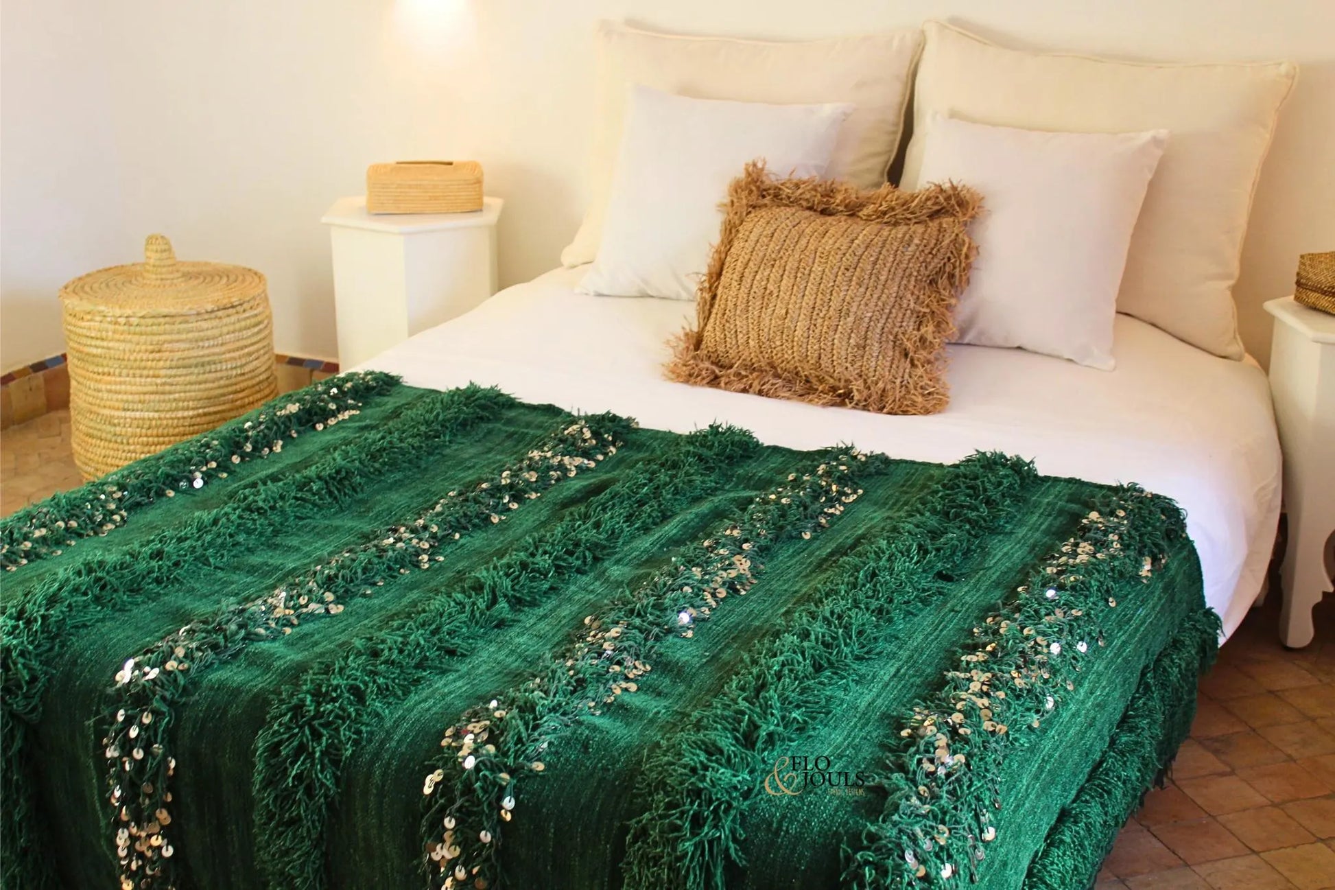 Handira Wedding Blanket | Moroccan Handmade Luxury Throw, Handira White with Metal Sequins, Berber Rugs, Carpet, Woven Bed Throw Blanket