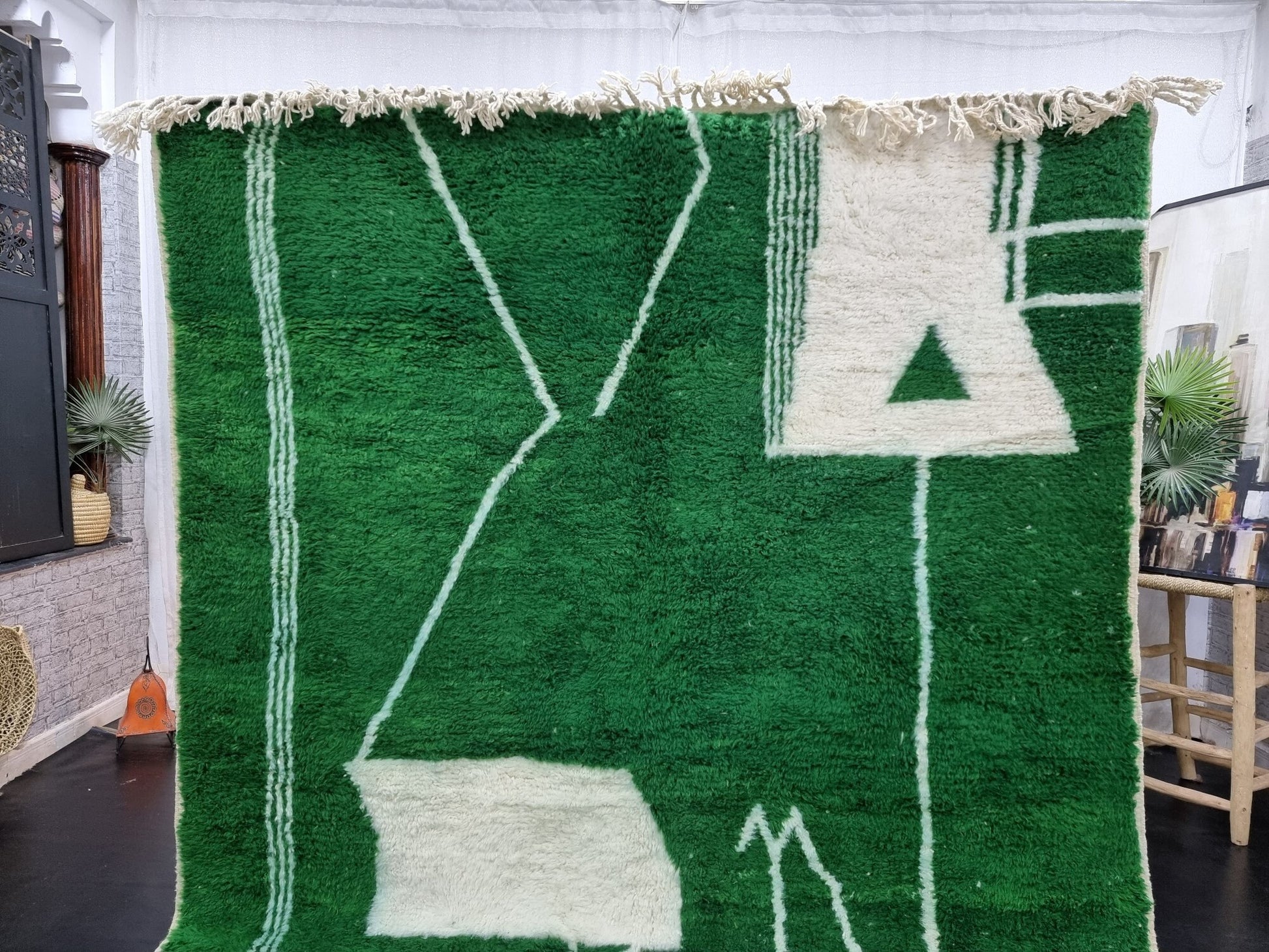 Exquisite MOROCCAN PINE RUG: Handmade Beni Ourain Wool Rug in Clover Green, Abstract Neutral Design, Elegant Berber Unique Greenish Carpet