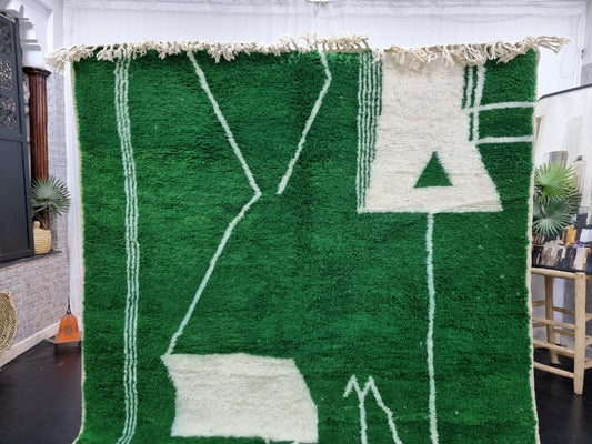 Exquisite MOROCCAN PINE RUG: Handmade Beni Ourain Wool Rug in Clover Green, Abstract Neutral Design, Elegant Berber Unique Greenish Carpet