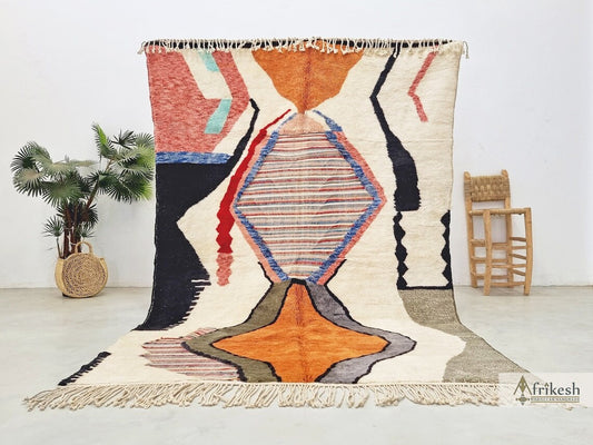 HANDMADE MRIRT RUG, Stylish Moroccan Rug, Custom White & Orange Rug, Tufted Berber Carpet, Multicolor Area Rug, Shag Beni Mrirt Wool Rug.