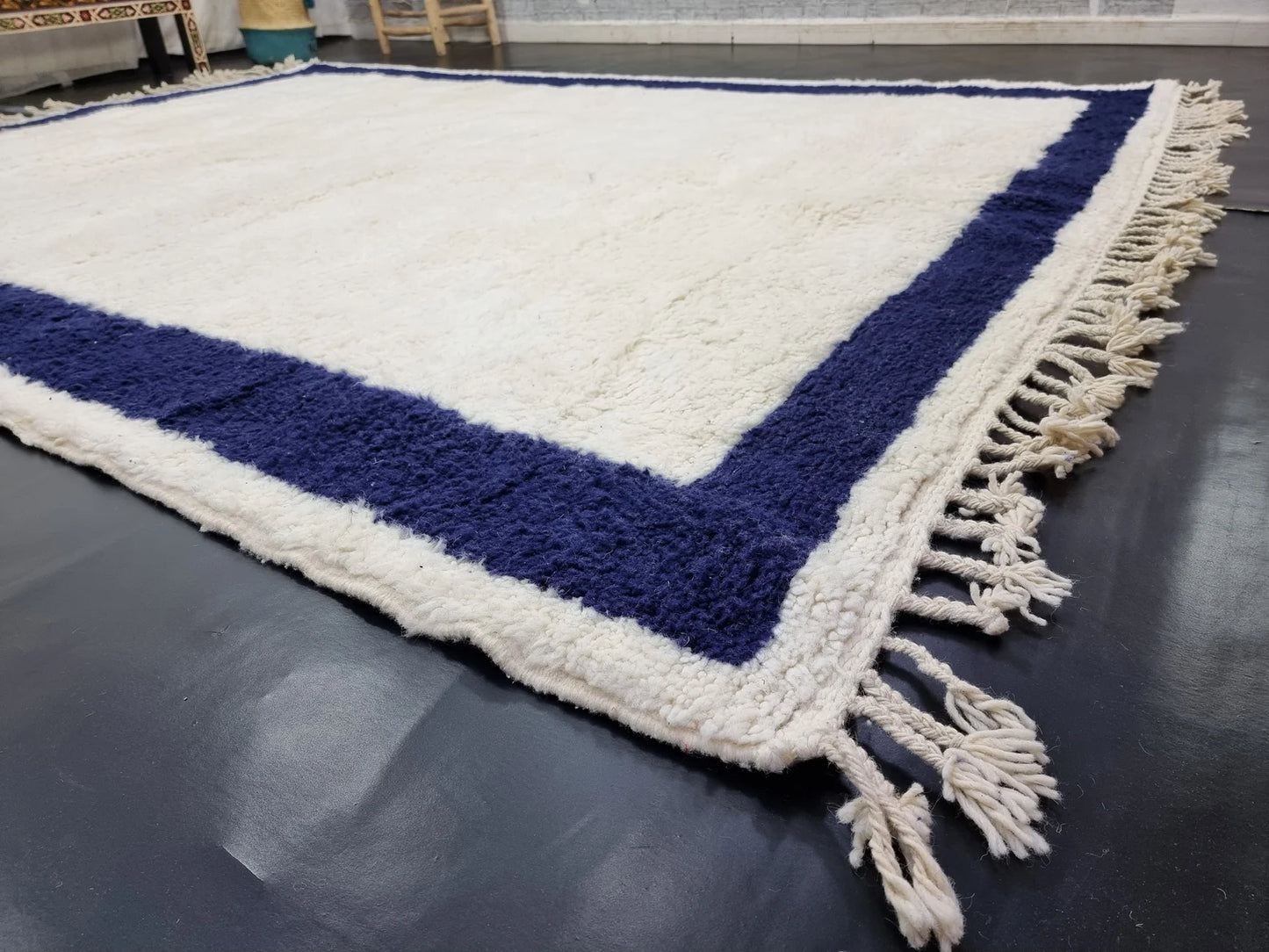 Gorgeous Moroccan Rug, Dark Blue Bordered Handmade Wool Area Rug