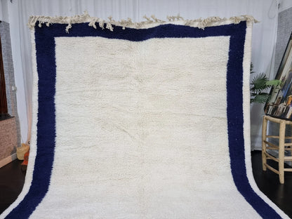 Gorgeous Moroccan Rug, Dark Blue Bordered Handmade Wool Area Rug