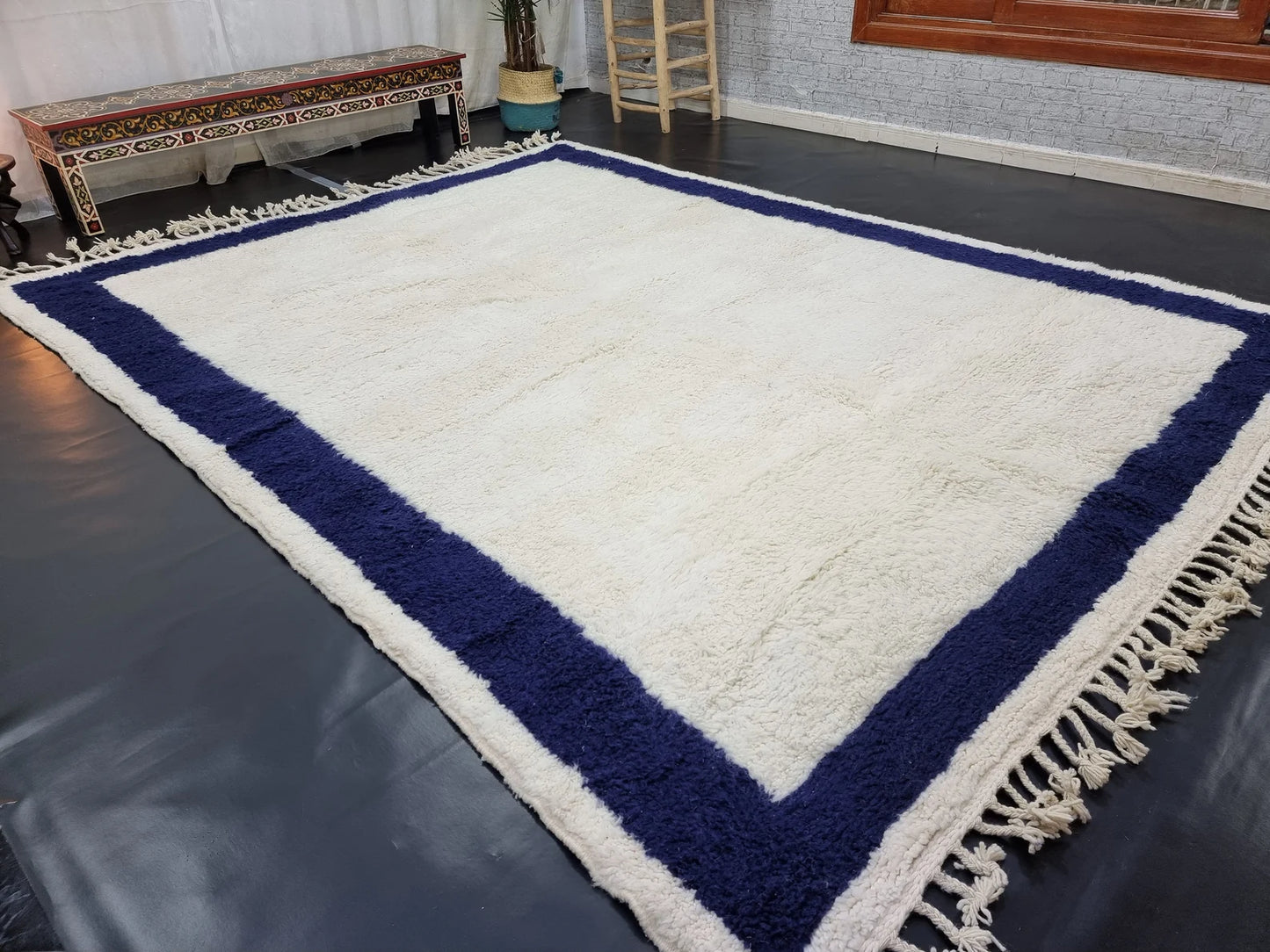 Gorgeous Moroccan Rug, Dark Blue Bordered Handmade Wool Area Rug