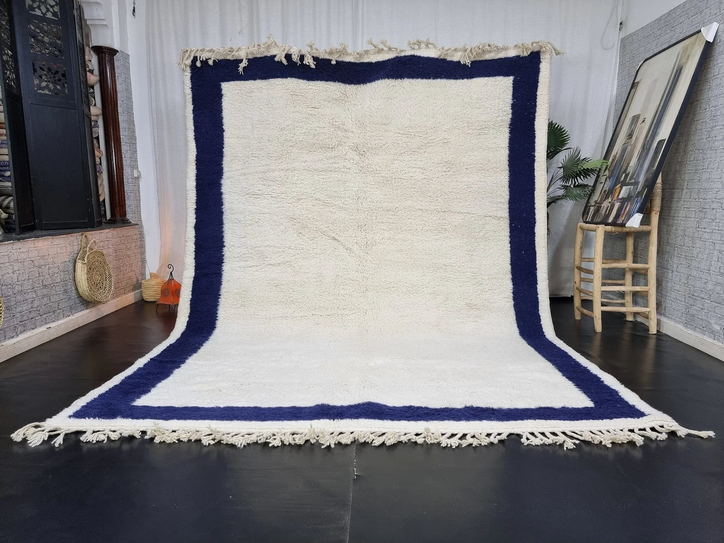 Gorgeous Moroccan Rug, Dark Blue Bordered Handmade Wool Area Rug