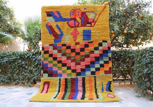 Yellow Wool Moroccan Rug with Geometric Pattern, 6x9 ft