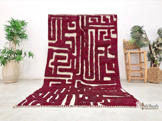 Fluffy Beni Rug, Burgundy Moroccan Rug, Hand-Tufted Wool Berber Carpet