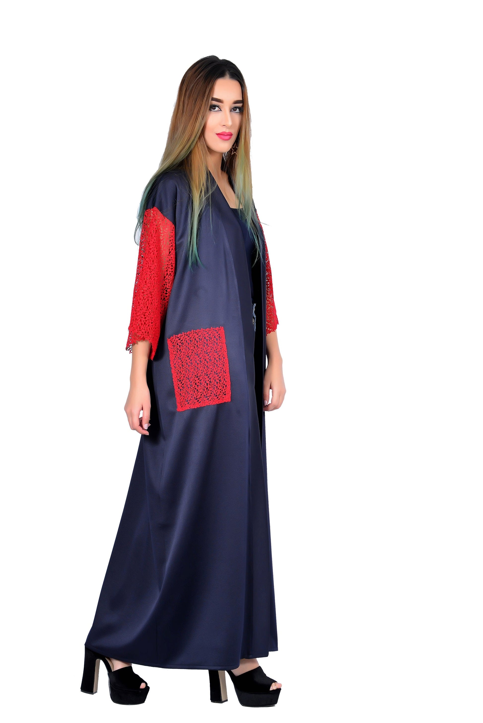 Handmade Summer Kimono Red Lace Kaftan Moroccan Caftan Beachwear Abaya Maxi Dress
