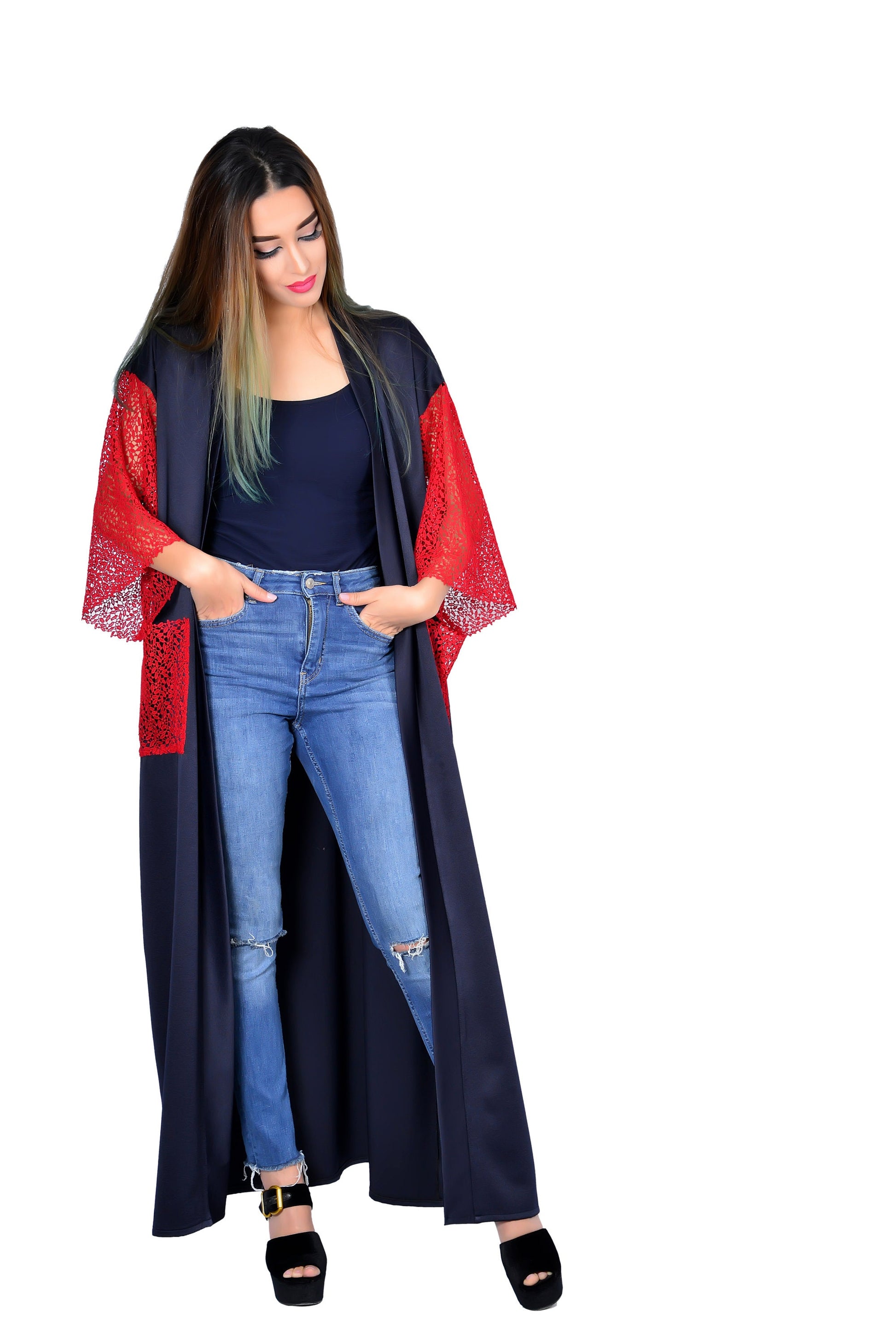 Handmade Summer Kimono Red Lace Kaftan Moroccan Caftan Beachwear Abaya Maxi Dress