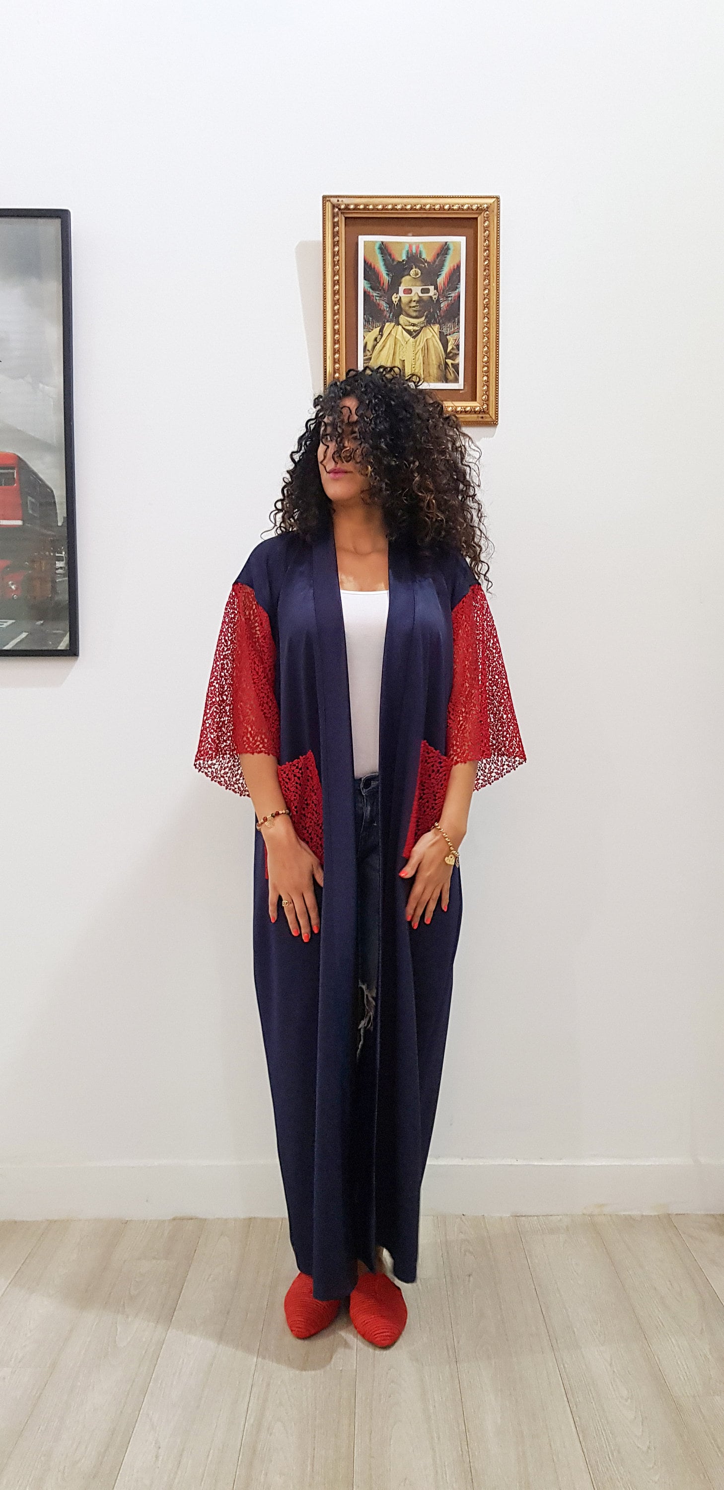 Handmade Summer Kimono Red Lace Kaftan Moroccan Caftan Beachwear Abaya Maxi Dress