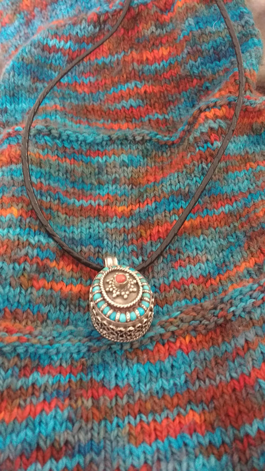 Moroccan Silver and Stone Pendant, Oval Box Style with Filigree