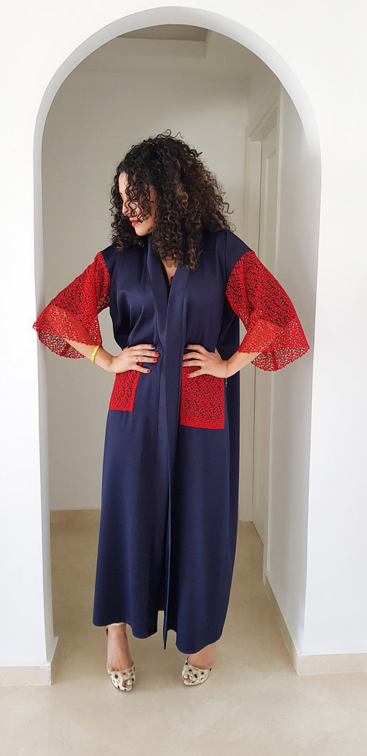 Handmade Summer Kimono Red Lace Kaftan Moroccan Caftan Beachwear Abaya Maxi Dress