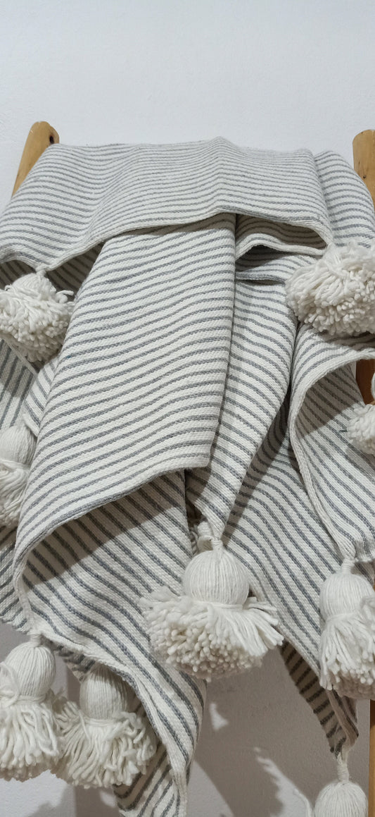 Moroccan Blanket - Hand Woven Throw-Tassel Blankets-Pom Poms-Boho Blanket-Moroccan Blanket-Moroccan Blanket-Moroccan Pom Pom .