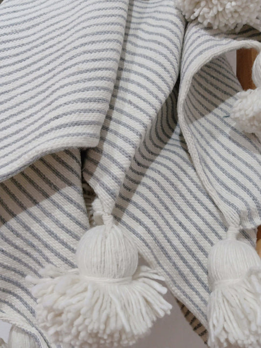 Moroccan Blanket - Hand Woven Throw-Tassel Blankets-Pom Poms-Boho Blanket-Moroccan Blanket-Moroccan Blanket-Moroccan Pom Pom .