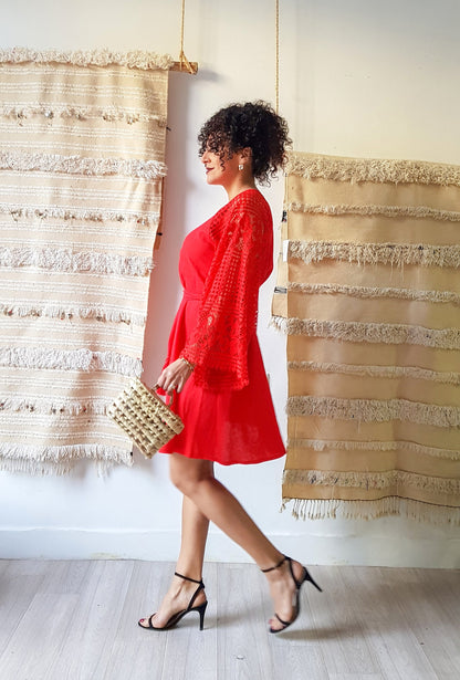 Linen Dress, Women Red Dress, Mini Dress, Vyshyvanka Dress, Lace Dress