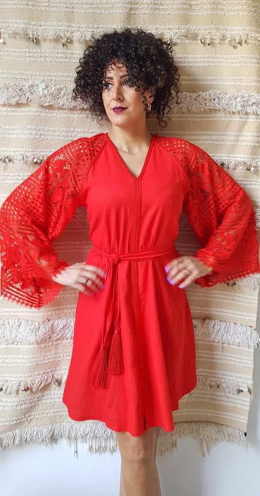 Linen Dress, Women Red Dress, Mini Dress, Vyshyvanka Dress, Lace Dress
