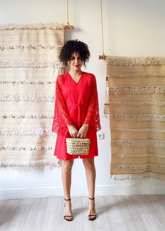 Linen Dress, Women Red Dress, Mini Dress, Vyshyvanka Dress, Lace Dress