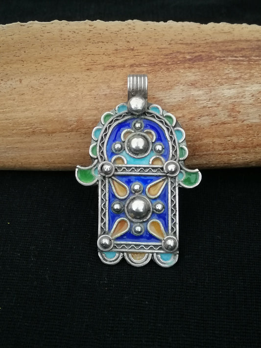 Cute Berber Silver and Enamel Khamsa Pendant