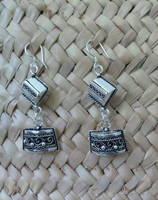 Berber Silver Earrings, Geometric Drop Style, Moroccan