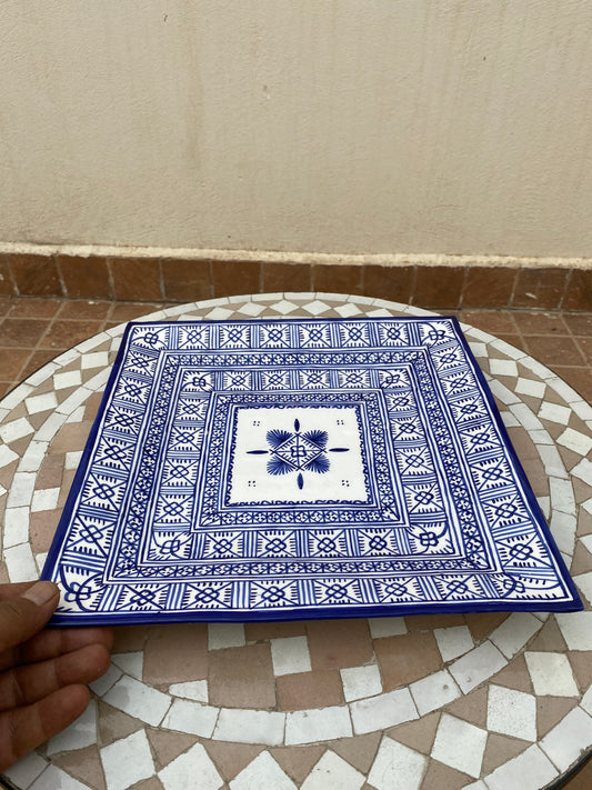 Large Square Dish in Ceramic from Fes / Square Dish/ Handmade and Hand-Painted Dish in Ceramic from Fes / Dish 30 Cm Square.