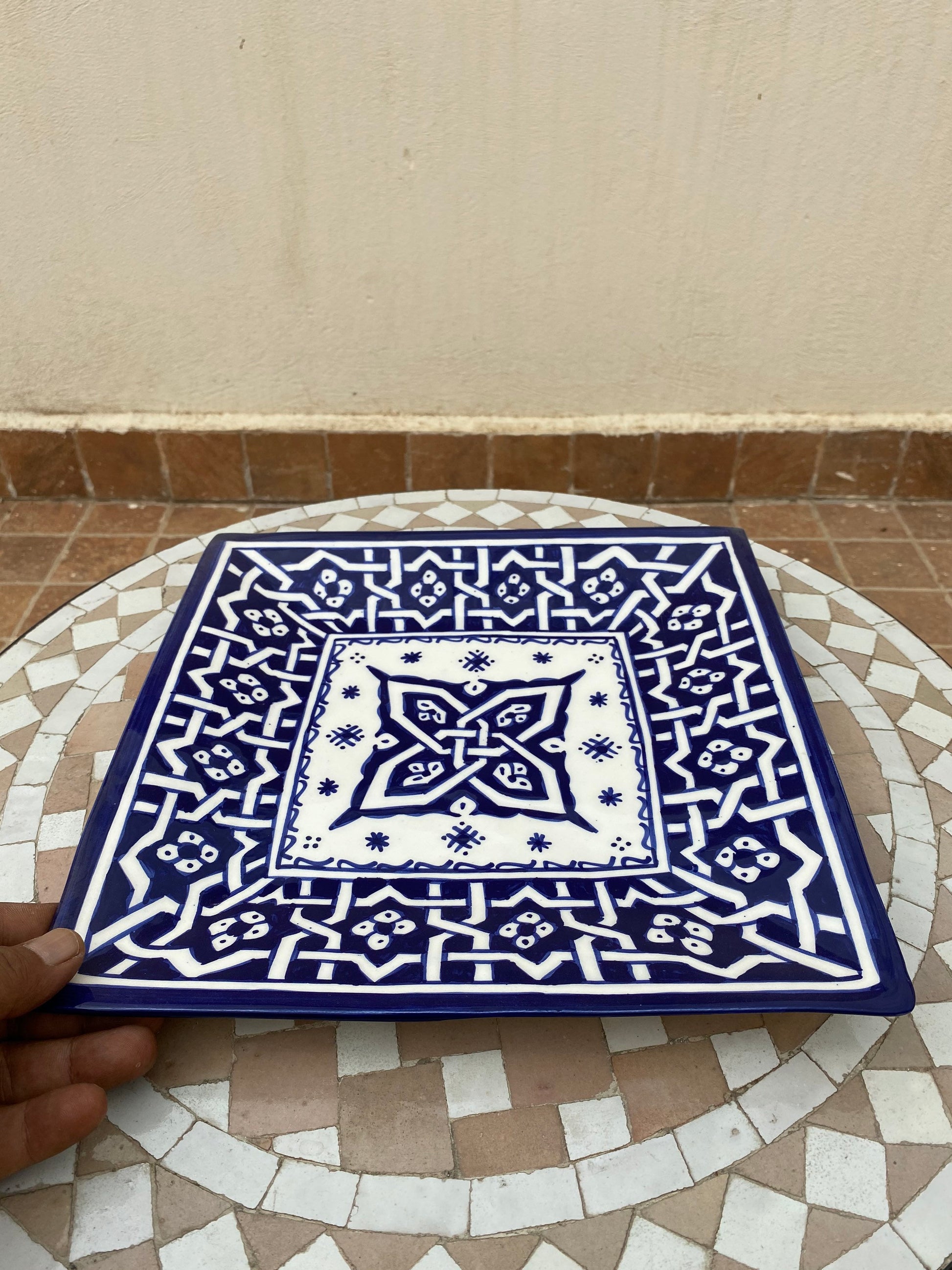 Large Square Ceramic Dish from Fes / Square Dish / Handmade and Hand-Painted Ceramic Dish from Fes / 30 Cm Square Dish.