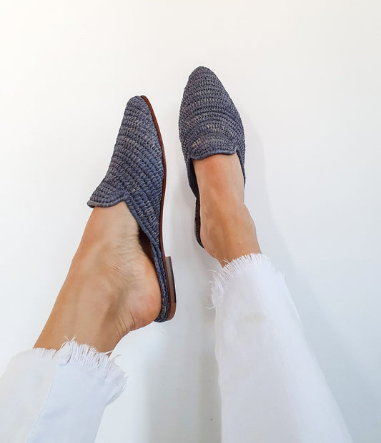 Raffia Shoes Handmade Slippers Grey Summer Mules Moroccan Shoes High End Raphia Flats Babouch