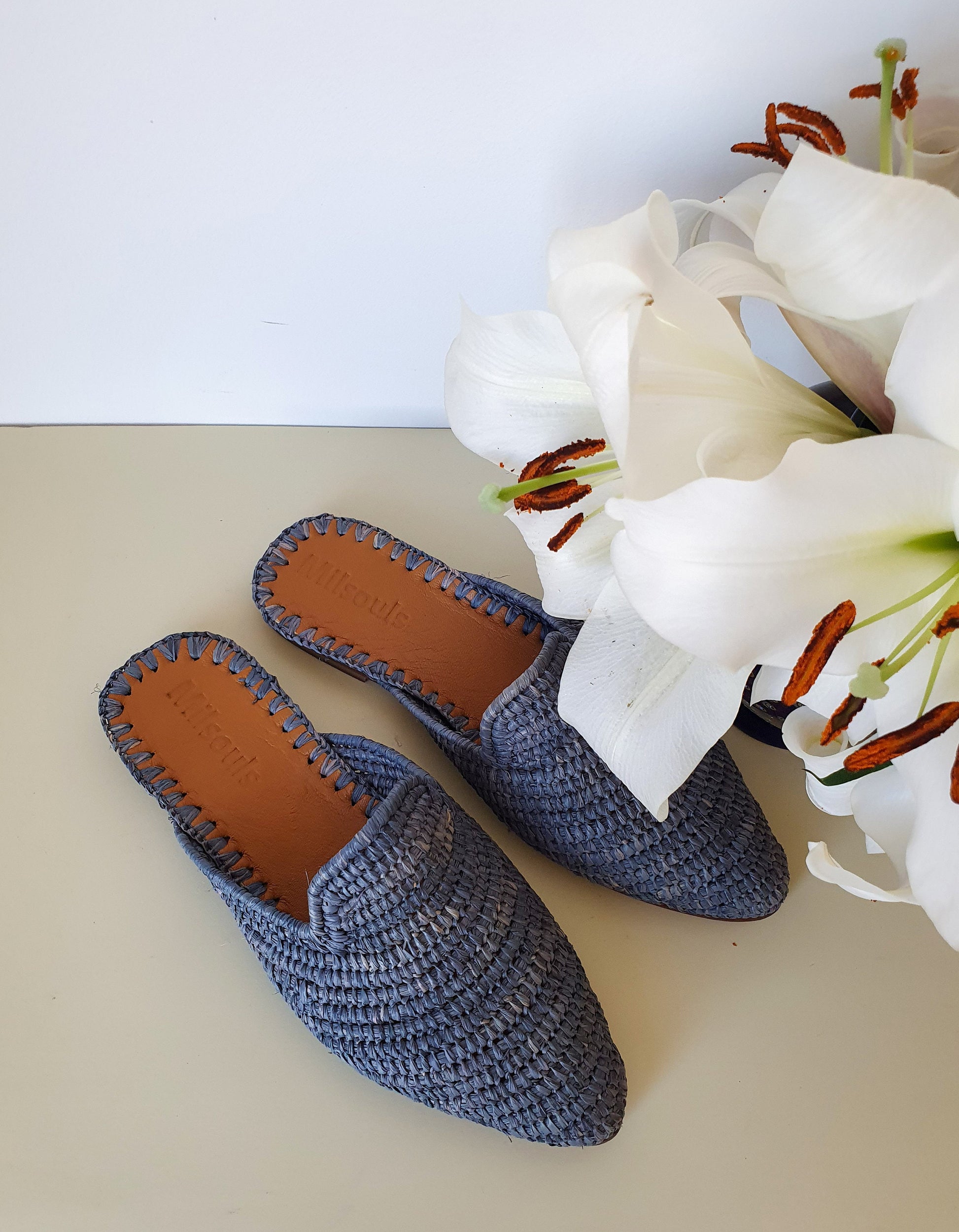 Raffia Shoes Handmade Slippers Grey Summer Mules Moroccan Shoes High End Raphia Flats Babouch