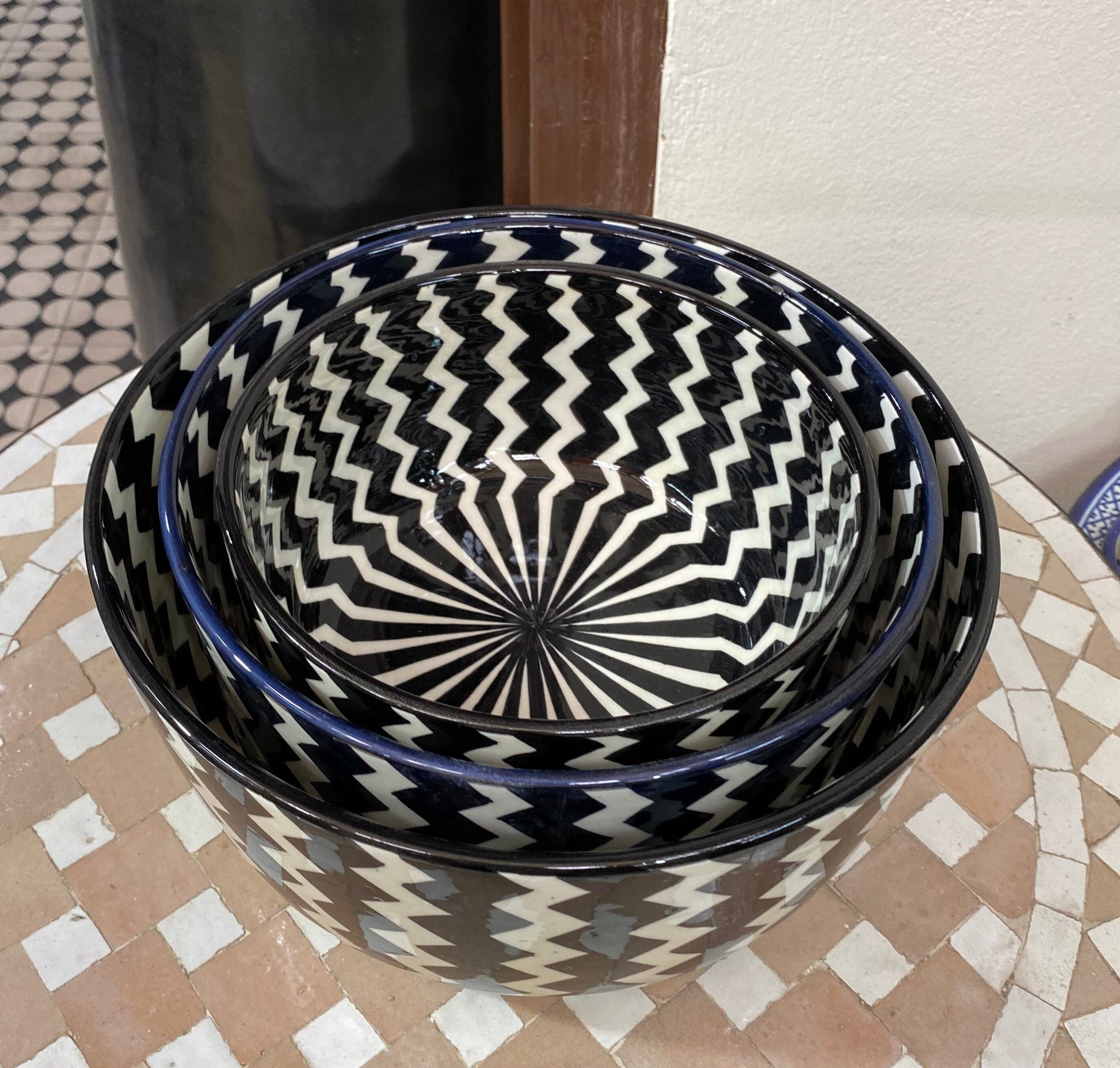Black and White Ceramic Salad Bowl from Fes, Handmade and Hand Painted/ Salad Bowl.