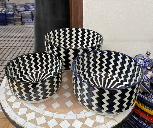 Black and White Ceramic Salad Bowl from Fes, Handmade and Hand Painted/ Salad Bowl.