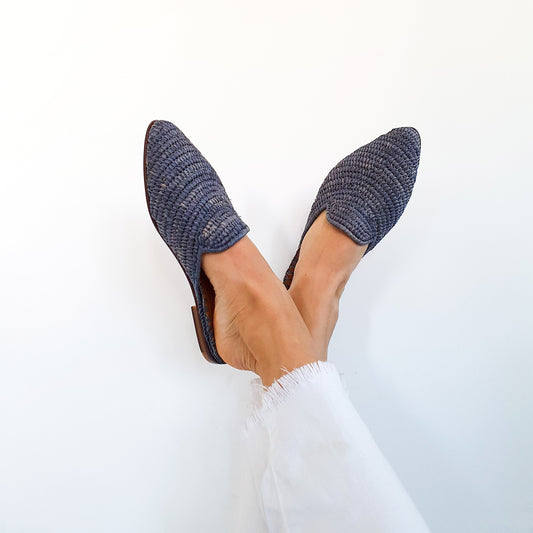 Raffia Shoes Handmade Slippers Grey Summer Mules Moroccan Shoes High End Raphia Flats Babouch