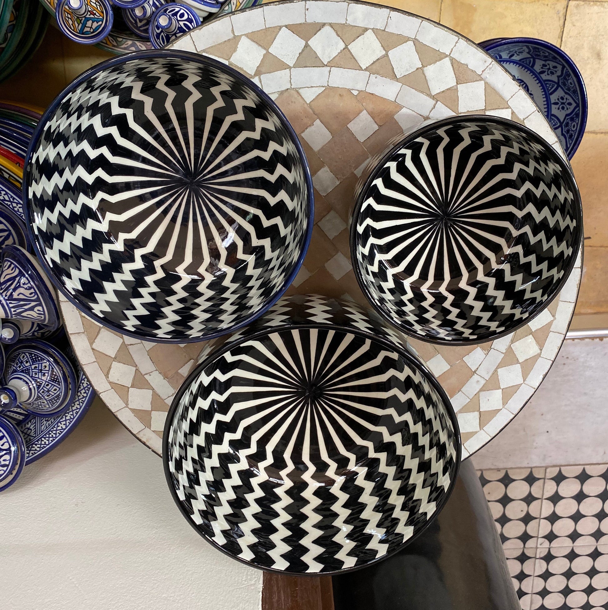 Black and White Ceramic Salad Bowl from Fes, Handmade and Hand Painted/ Salad Bowl.
