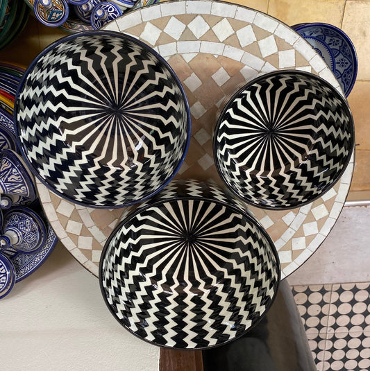 Black and White Ceramic Salad Bowl from Fes, Handmade and Hand Painted/ Salad Bowl.