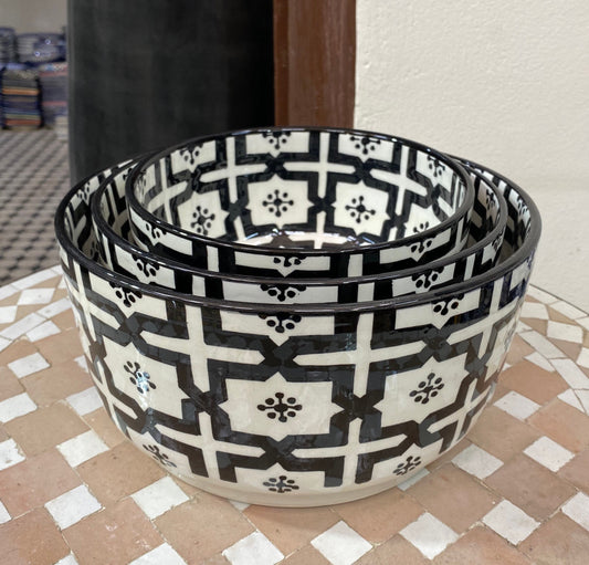 Fes Black and White Ceramic Salad Bowl, Handmade and Hand-Painted/ Salad Bowl.