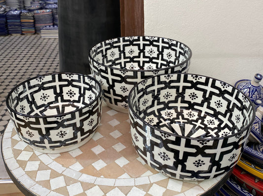 Fes Black and White Ceramic Salad Bowl, Handmade and Hand-Painted/ Salad Bowl.