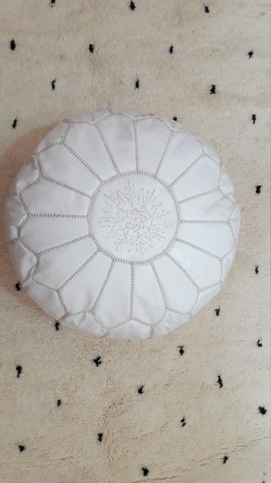 Moroccan POUF **50%** WHITE White Stitching LEATHER Pouf Ottoman Pouf Morocco Leather Pouf Handmade Pouf
