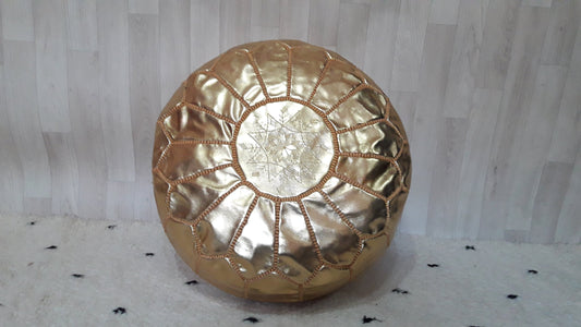 Moroccan Handcrafted Faux Leather Pouf, Ottoman Faux Leather Pouf Cool Ottoman Luxury Gold Floor Pouf, Moroccan Home Decor Pouf Gold