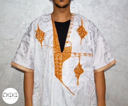 Tuareg Clothing Gandora with Tuareg Scarf , Djellaba Sahraoui, Tuareg Scarf , Tuareg Dress White, Tuareg Blue Men, African Tuareg Blue Dress