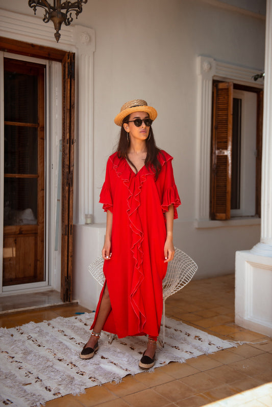 Moroccan Kaftan, Linen Dress, Oversized Dress, Loose Kaftan, Handmade Caftan, Boho Dress, Red Dress, Ruffle Dress