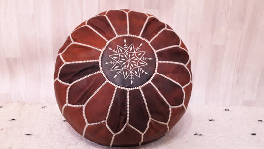 Moroccan Handcrafted Leather Pouf, Ottoman Leather Pouf Cool Ottoman Luxury Dark Brown Floor Pouf, Moroccan Home Decor Pouf Dark Brown